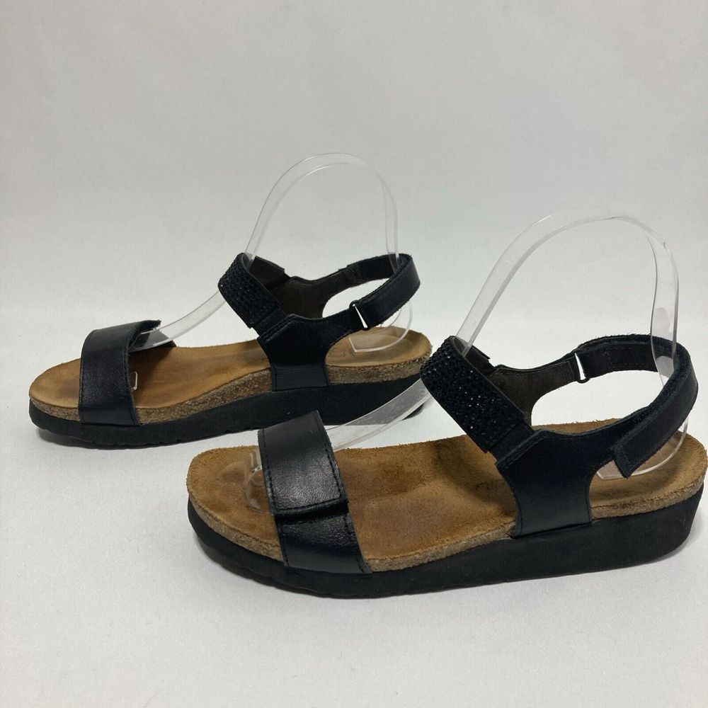 Naot Womens Lisa Raven Black Leather Wedge Strappy Sandals 2" Heel  EU 37 US 6.5